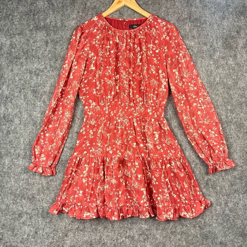 Lulus Floral Smocked Long Sleeve Mini Dress Womens Size S Red - Picture 12 of 12
